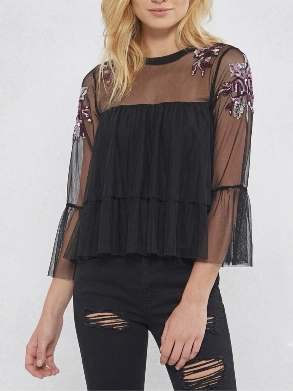 Willow & Clay Illusion Black Bell Sleeve Mesh Embroidered Top S Cottagecore